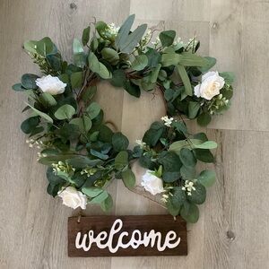 Wreath floral welcome sign eucalyptus roses new in box